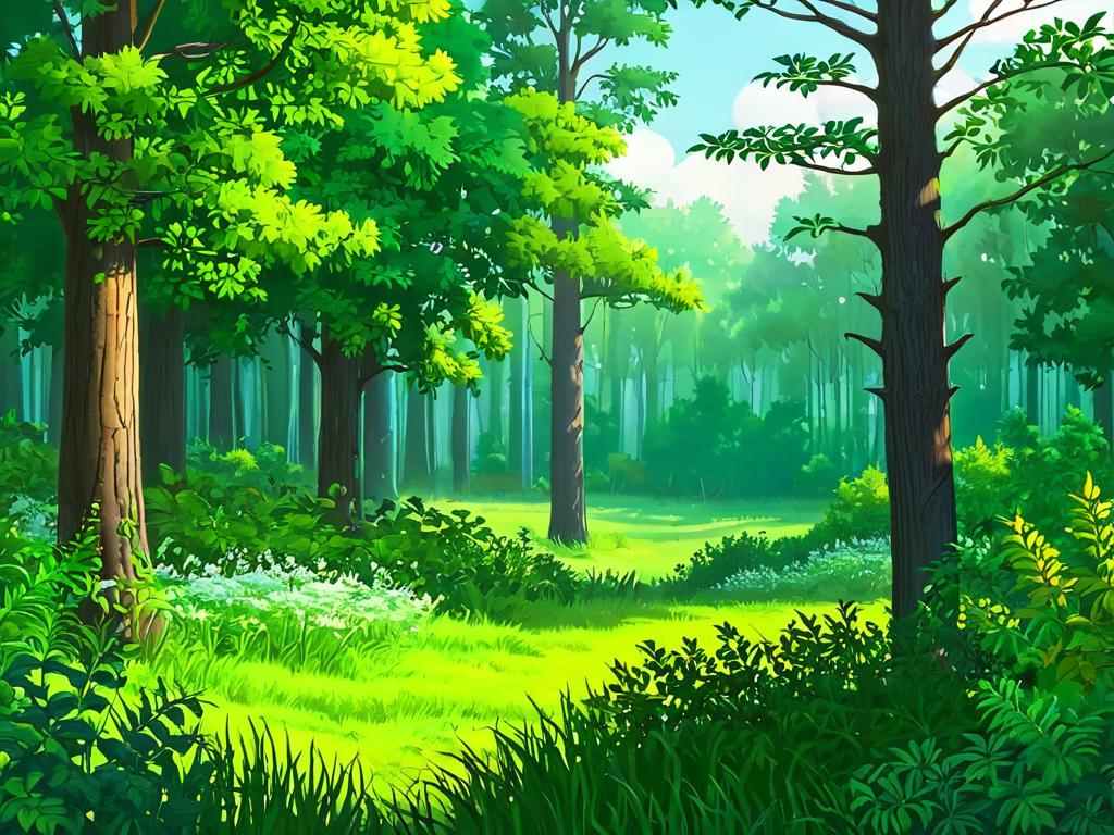 Лесной пейзаж. Деревья и кустарники на поляне.