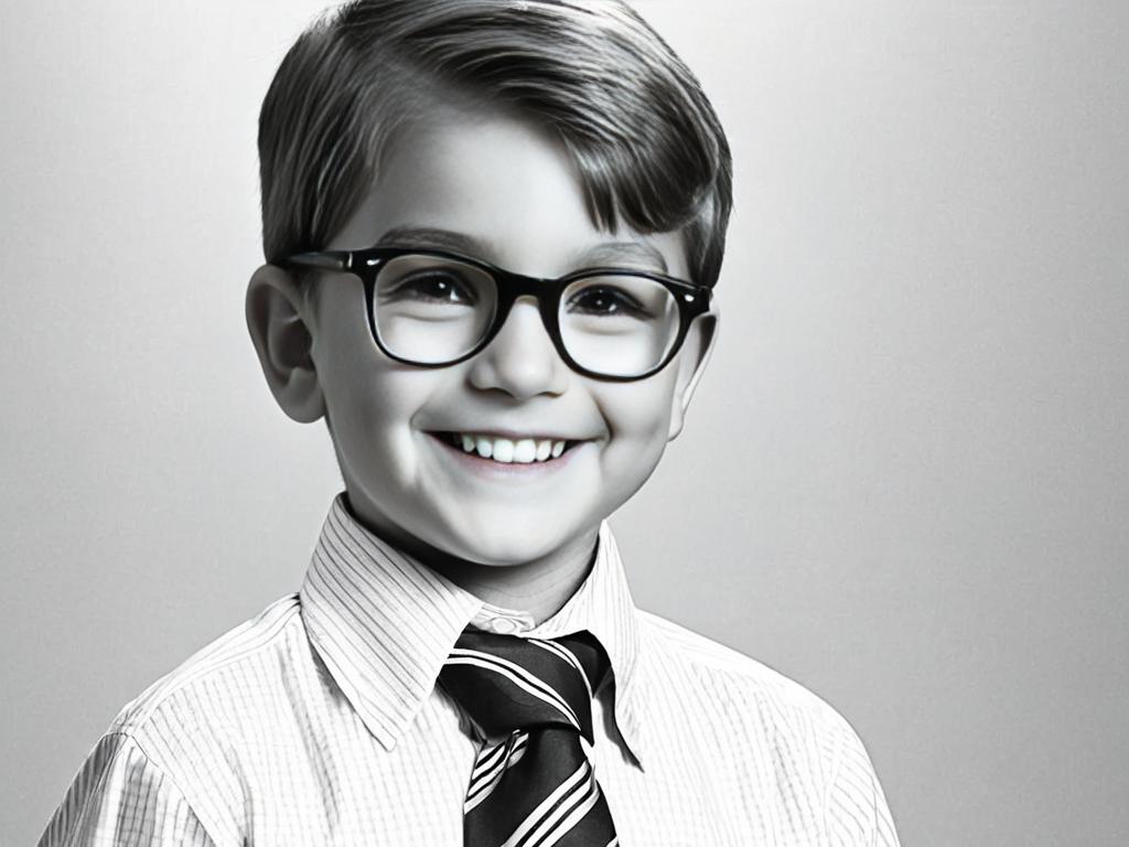 Черно-белая фотография мальчика с очками, короткой стрижкой и пионерским галстуком. Он улыбается,