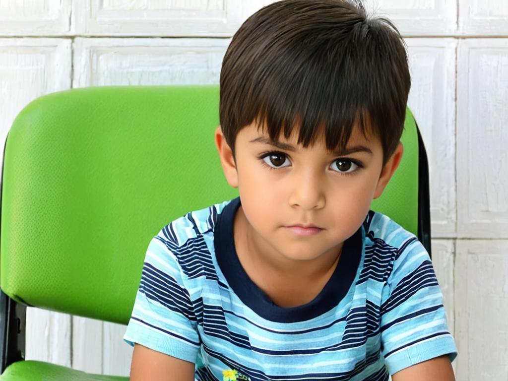 Фото мальчика лет 7, сидящего на стуле и смотрящего в камеру. У него короткие темные волосы, одета