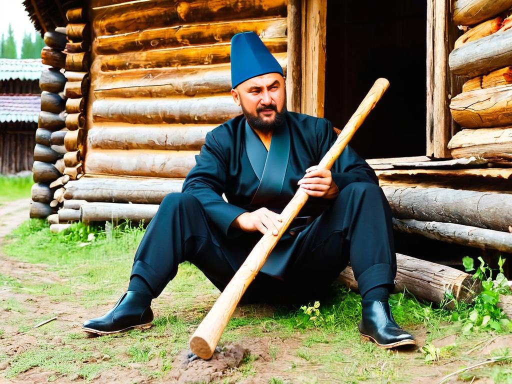 Скучающий мужчина бьет палкой по деревянным баклушам, сидя в русской деревне
