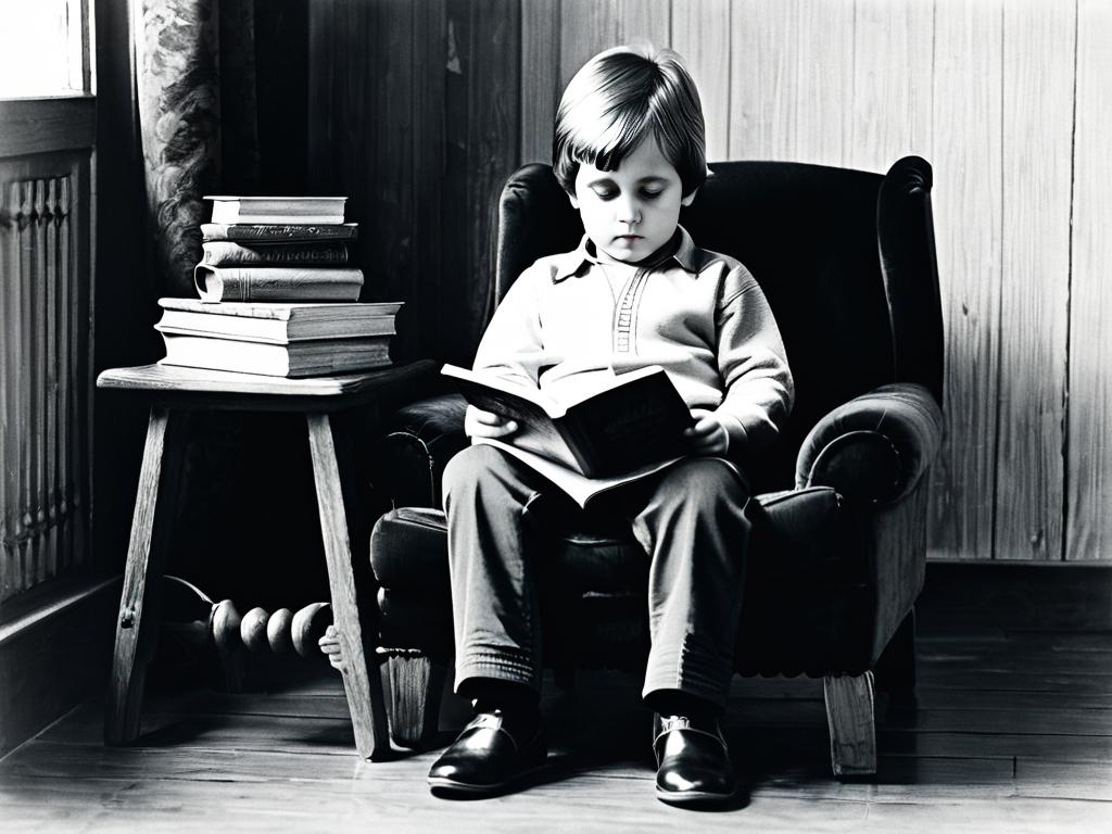 Владимир Высоцкий в детстве сидит на стуле за чтением книги