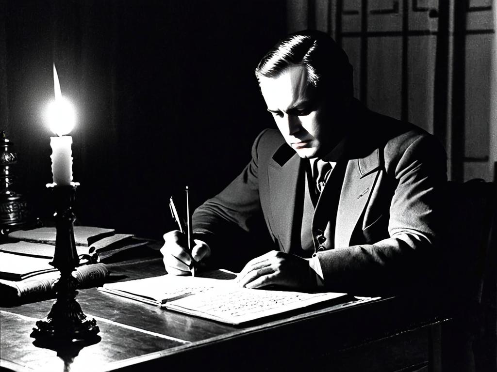 Жуковский сидит за столом и пишет стихи при свечах
