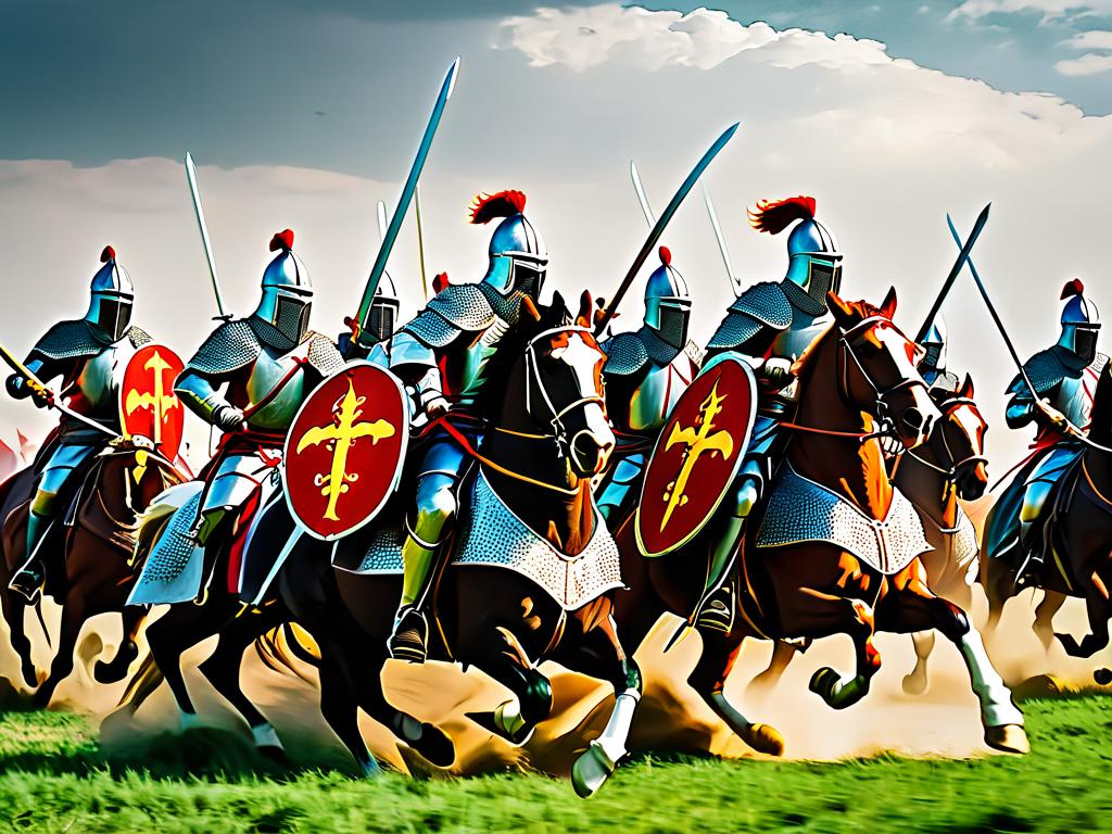 Рыцари-франки атакуют врага, размахивая мечами