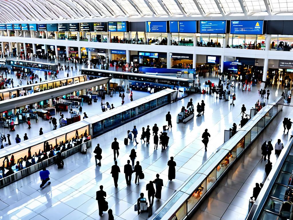Внутри пассажирского терминала аэропорта Дубая много людей ходят, очереди на стойках регистрации