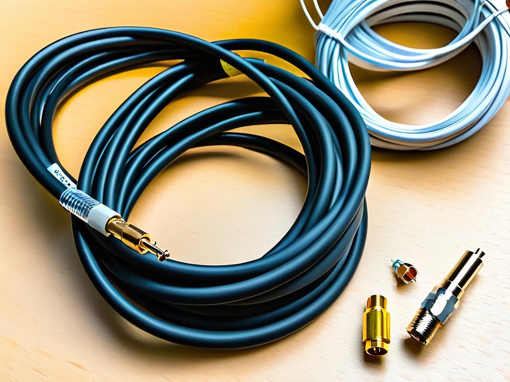 Фото коаксиального кабеля, разъема и других материалов, необходимых для изготовления самодельной
