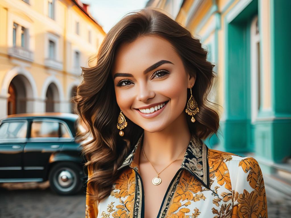 Портретная фотография Анны Рудневой в стильной одежде с улыбкой смотрит в камеру