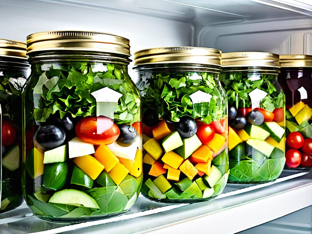 Банки с приготовленным салатом в холодильнике для длительного хранения