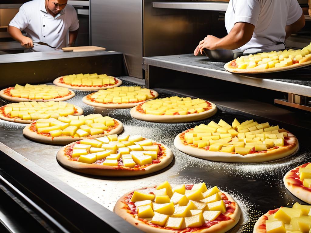 Процесс приготовления гавайской пиццы с ананасами в пиццерии