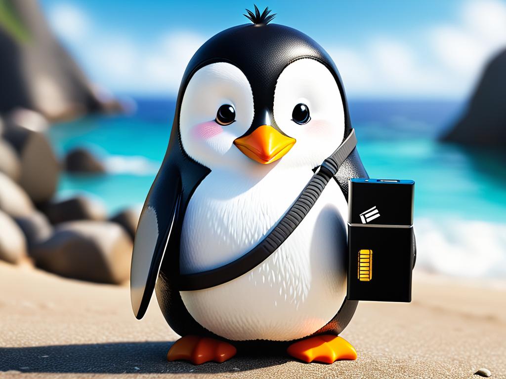 Пингвин Линукс держит флешку с exFAT, показывая совместимость Linux с exFAT