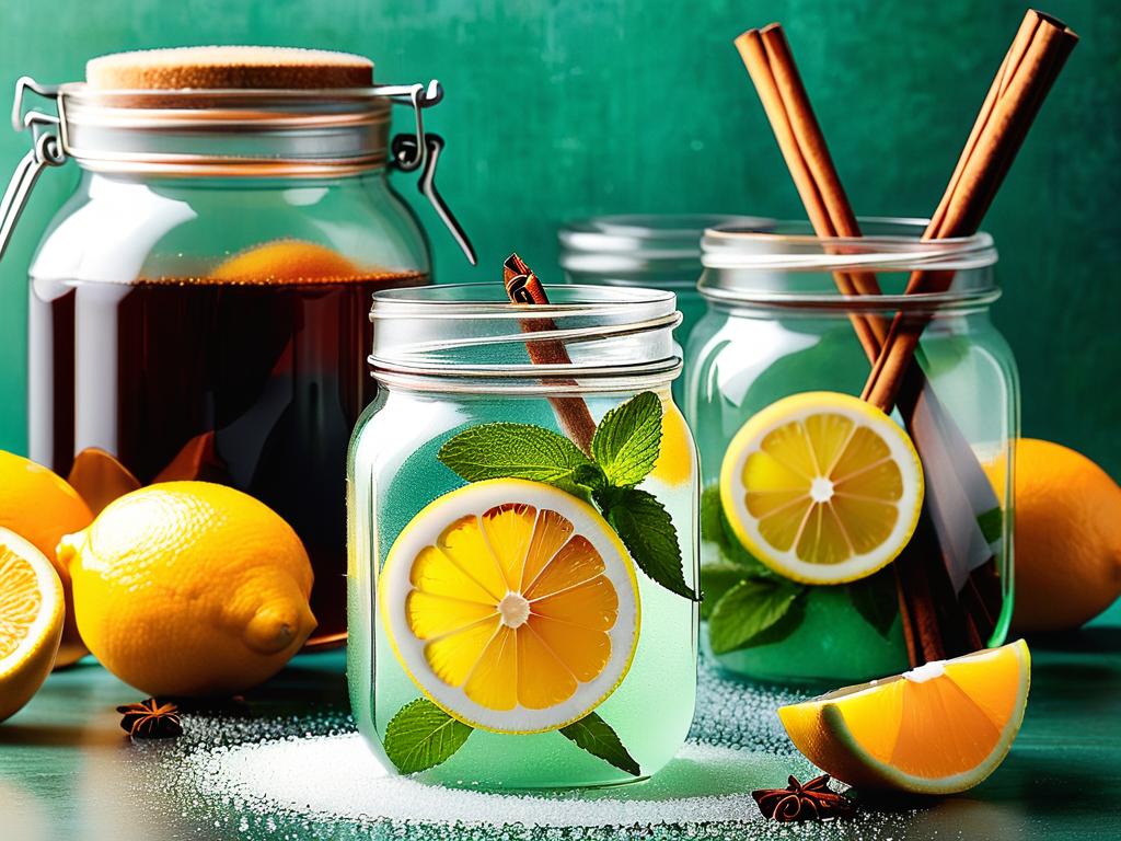 Две стеклянные банки, наполненные прозрачным сахарным сиропом, одна с ломтиками лимона и листьями