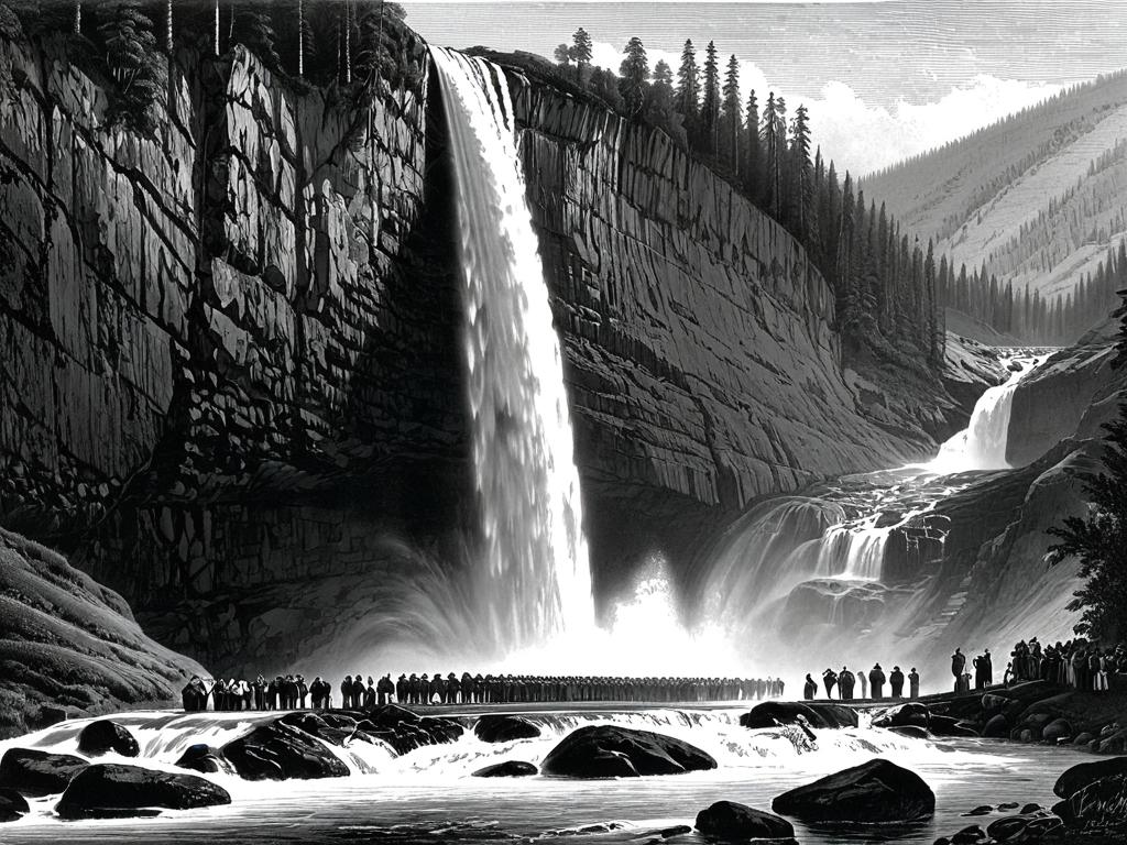 Гравюра 19 века с изображением людей, наблюдающих за водопадом Кивач