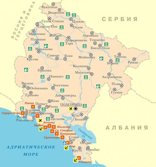 Черногория, карта курортов