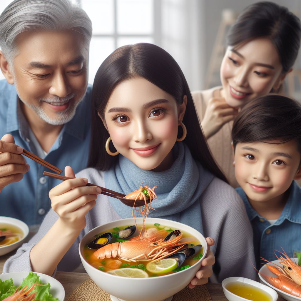 Семья ест суп из морепродуктов