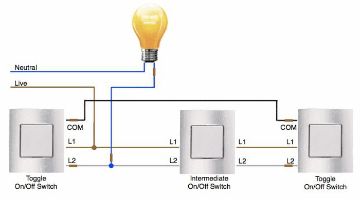 Схема подключения проходного переключателя