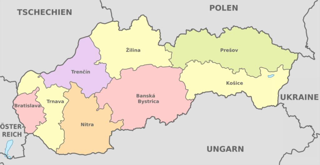 Карта Словакии: На севере Польша, на востоке Украина, на юге Венгия