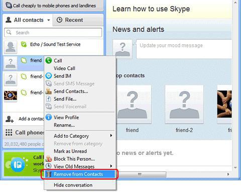 как удалить контакт из скайпа windows 8