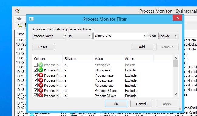 Фильтр в приложении Process Monitor