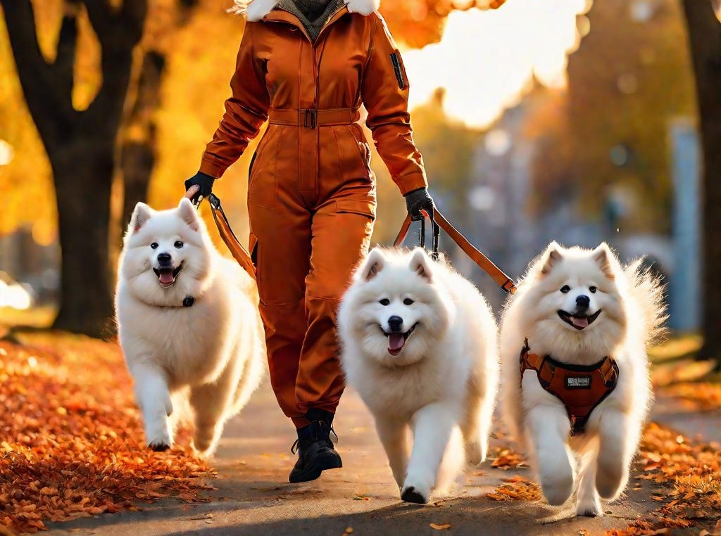 Женщина в комбинезоне гуляет с собаками на фоне заката.