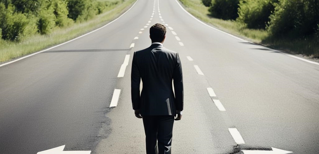 Человек в костюме стоит на развилке дорог, раздумывая, в какую сторону пойти