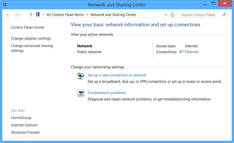 центр управления сетями Windows 8