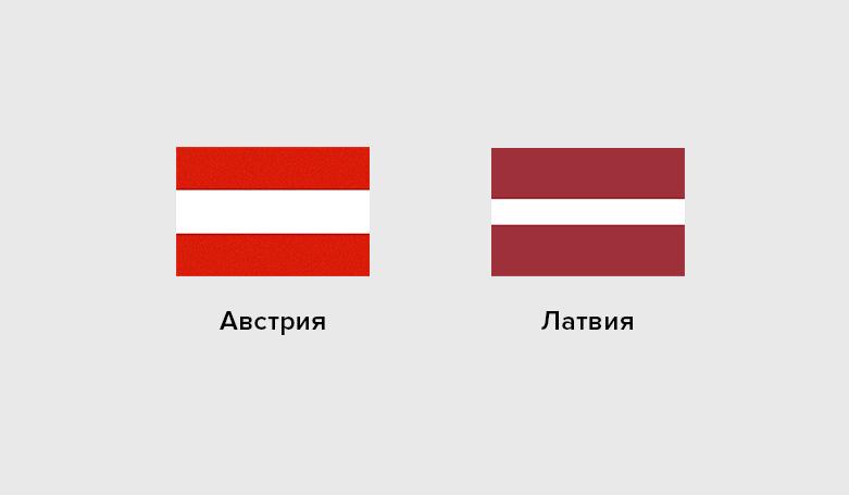 на флаге Австрии все три полоски имеют одинаковую ширину. Тогда, как на флаге Латвии ширина белой полосы гораздо уже ширины красных полос. 