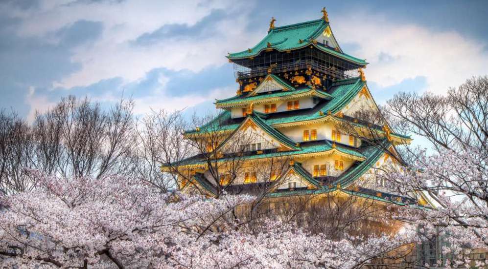 Замок на фоне цветущей сакуры