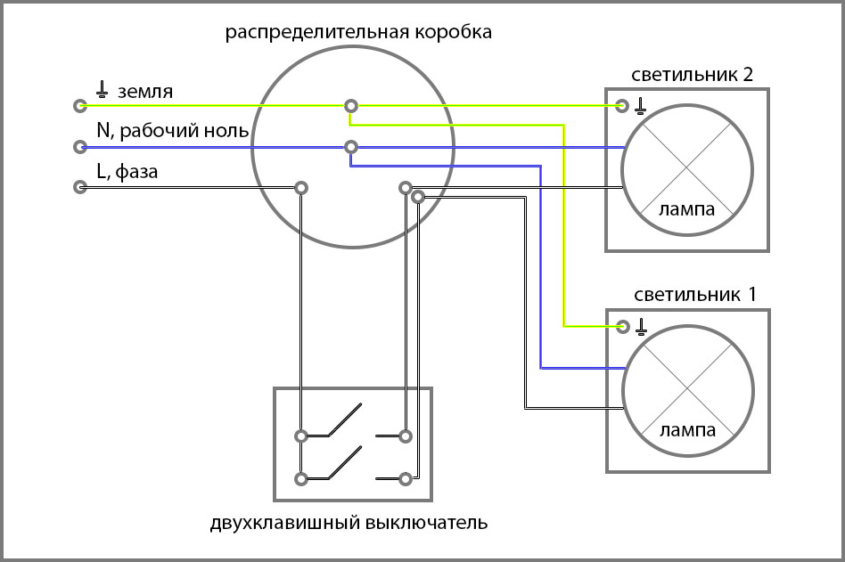 Схема подключения двухклавишного выключателя