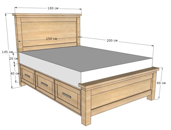 Схема двуспальной кровати с нижними ящиками