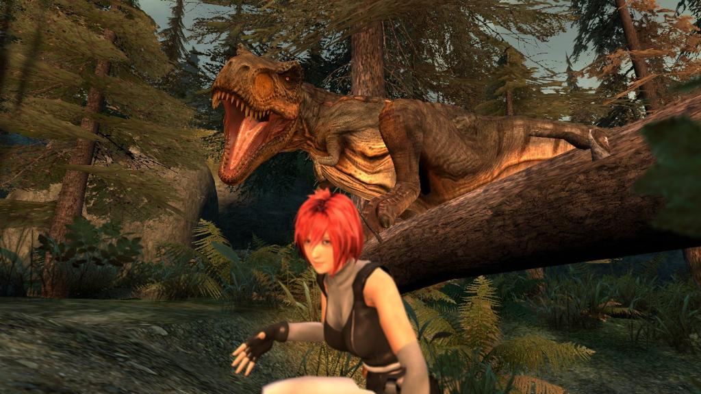 динозавр гонится за девушкой