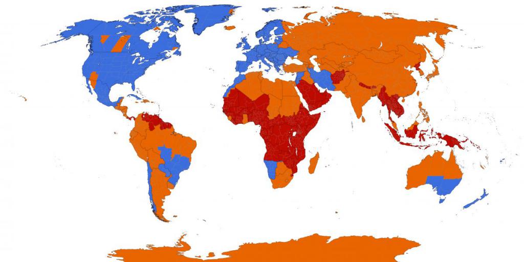 Страны использующие переход на летнее время (синие), страны отказавшиеся от этого (оранжевые), страны в которых летнего времени никогда не было (красные)