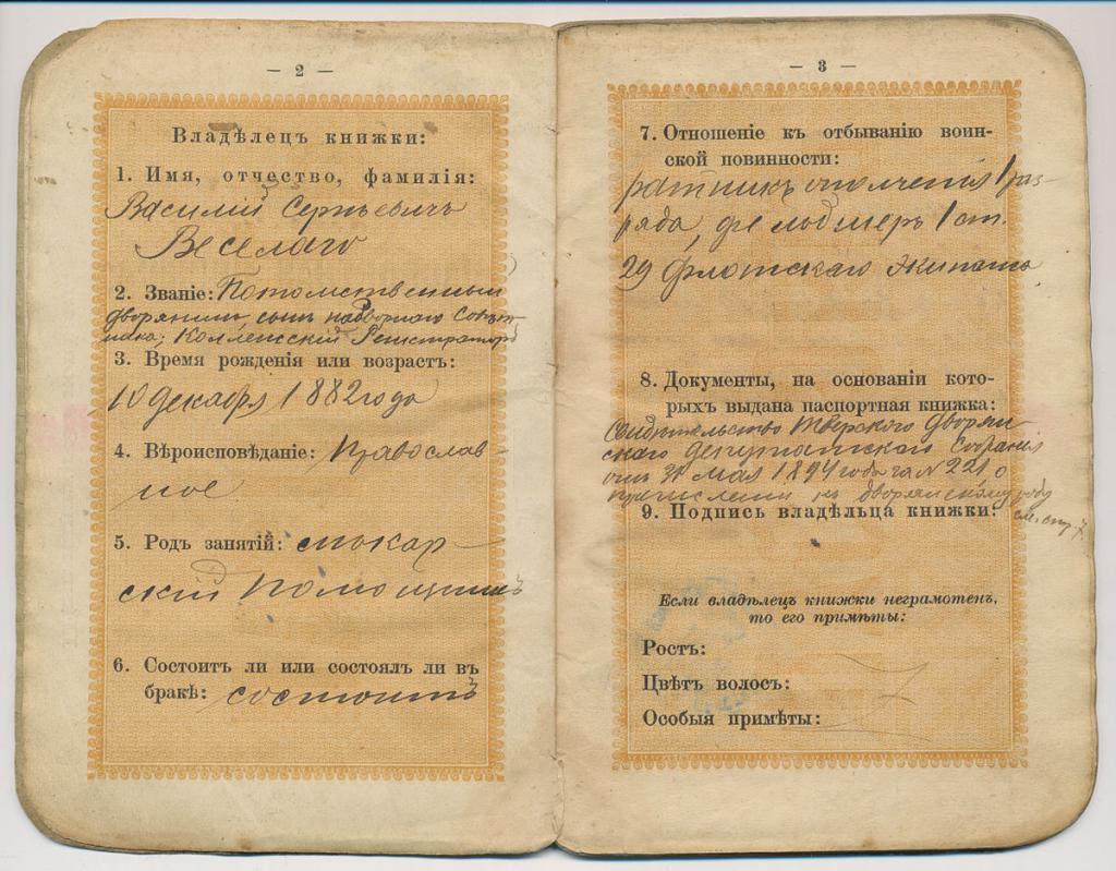 разворот паспорта Российской империи: дата выдачи