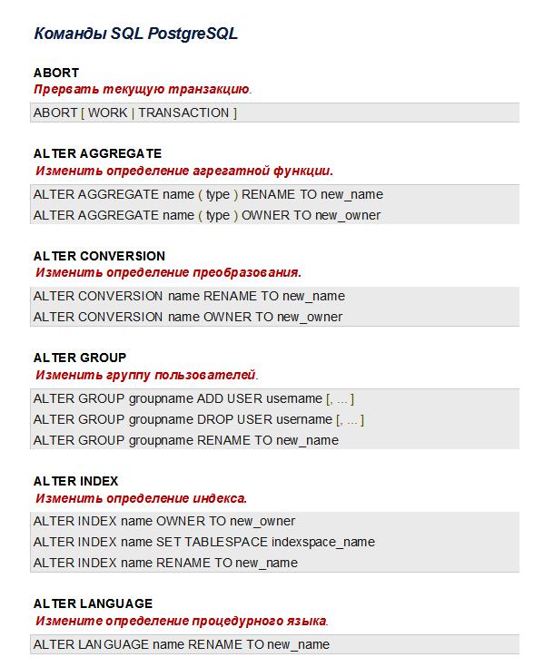 Команды и полезные ссылки SQL