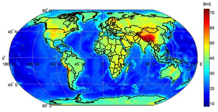 Глобальная карта глубины залегания Мохо 