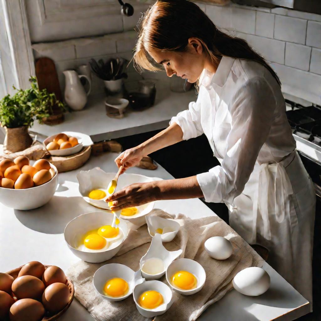 Женщина отделяет желтки от белков яиц на кухне, вид сверху