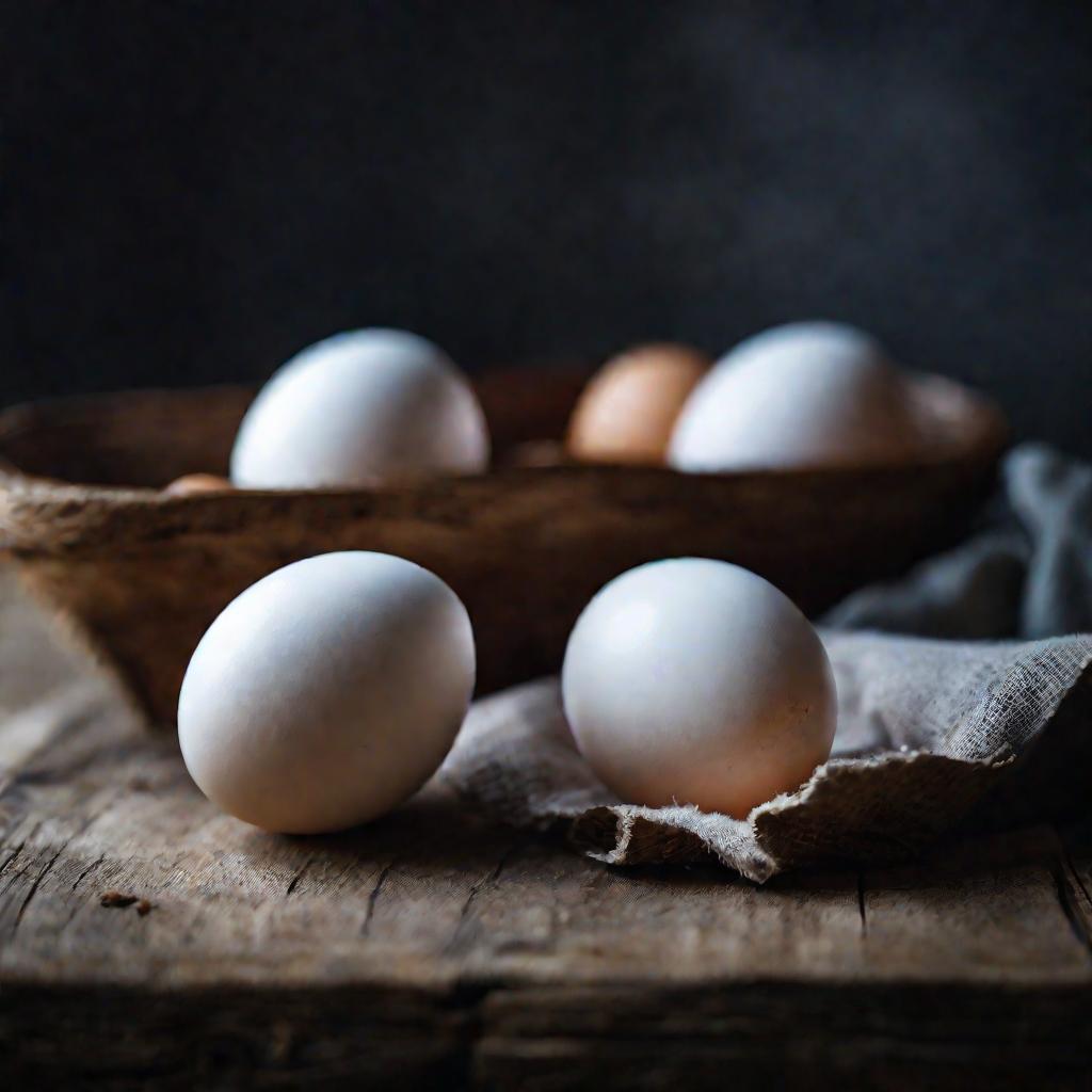 Три вареных яйца без желтка на деревянном столе, кинематографический кадр