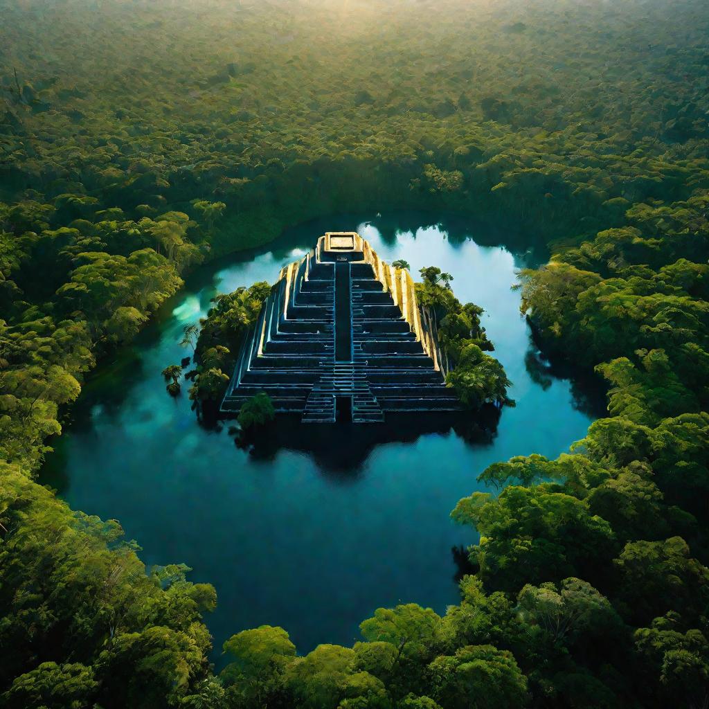 Вид сверху на густые зеленые джунгли с извивающейся рекой и древним храмом-пирамидой, испускающим голубое сияние