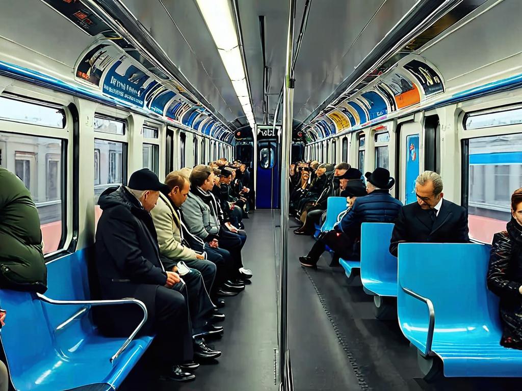 Внутри вагона петербургского метро, люди сидят и стоят, держась за поручни.