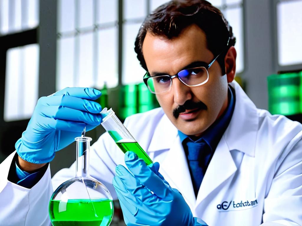 Ученый в халате держит колбу с раствором хлорида натрия