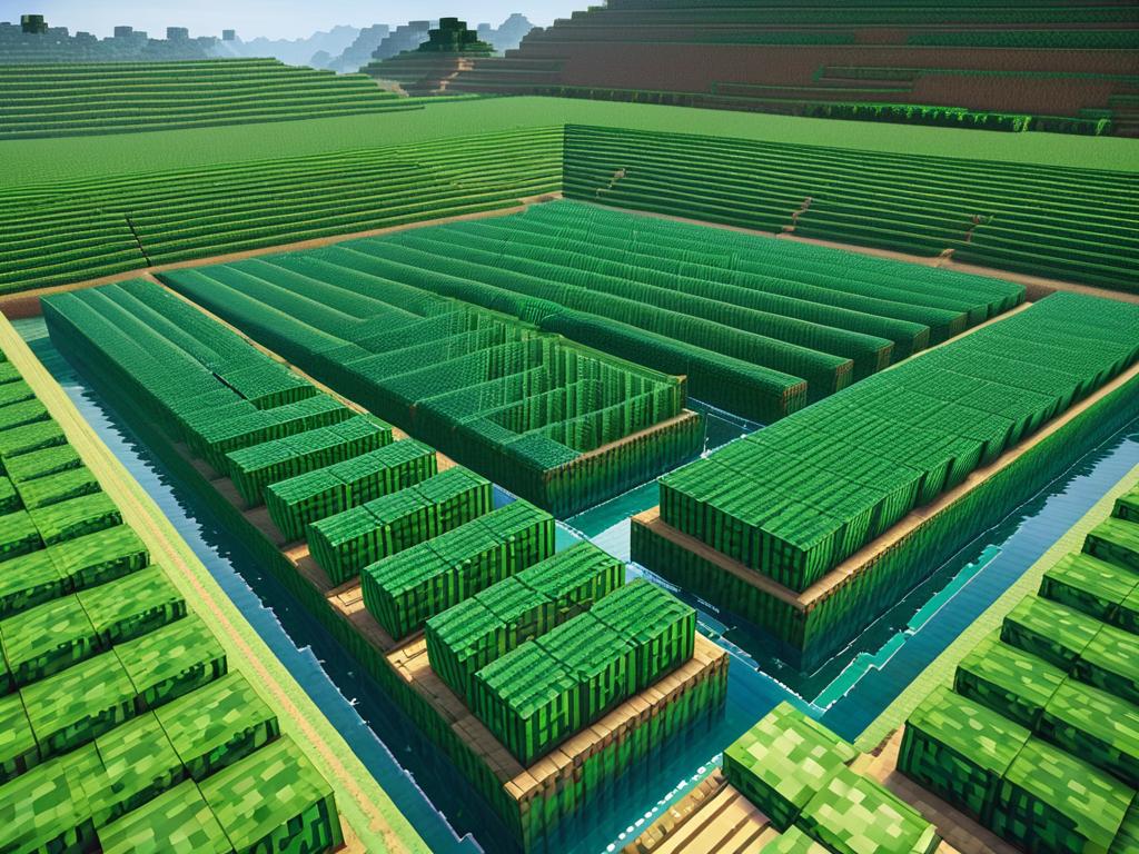 Большая упорядоченная арбузная ферма с водными каналами в Майнкрафт