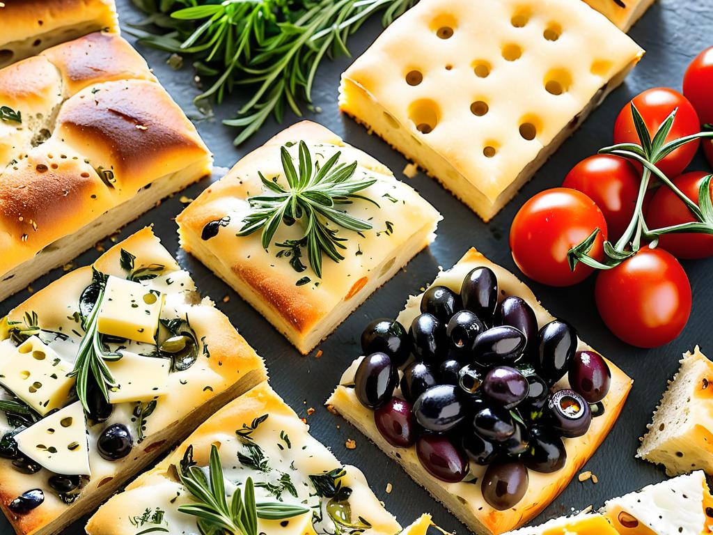 Разновидности итальянской фокаччи с сыром, овощами, зеленью и маслинами