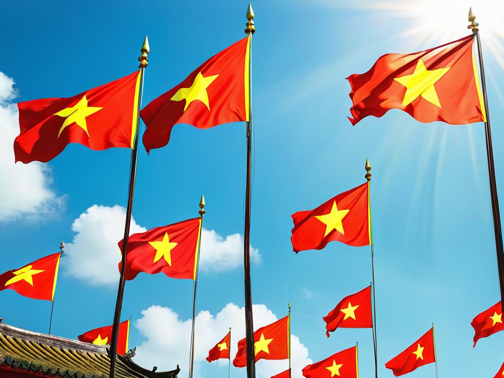 Государственный флаг Вьетнама развевается на фоне синего неба