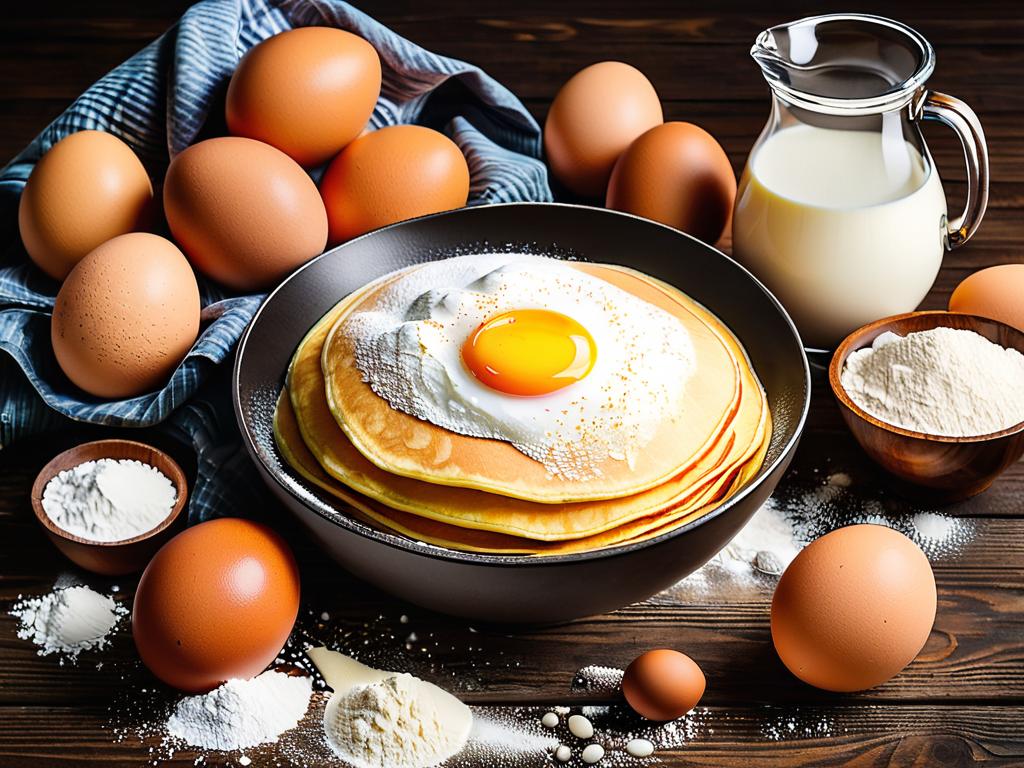 Миска с мукой, молоком, яйцами и другими ингредиентами для оладий на деревянном столе