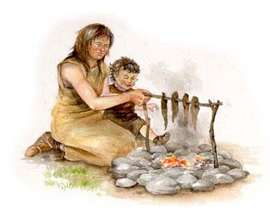Потребление в каменном веке. Древние люди. Первобытные люди готовят еду на костре. Древние люди готовят еду на костре. Первобытные люди готовят наткостре.