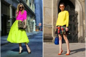 Однотонный образ, юбка с принтом и блейзер телесного цвета: как эффектно и стильно сочетать неоновые цвета