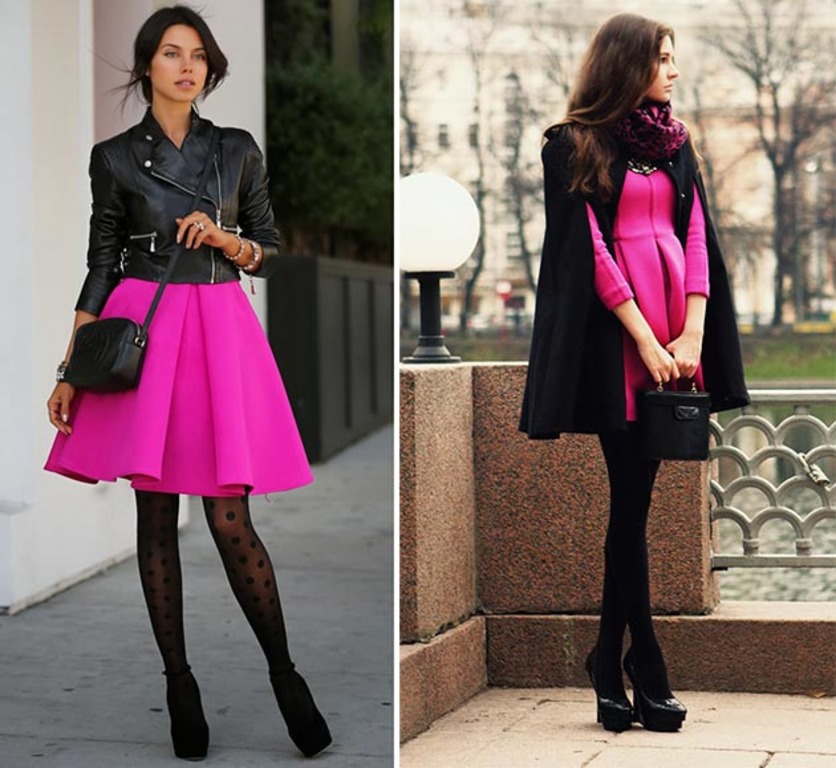 Розовое платье колготки. Цвет фуксия в одежде. Фуксия с черным в одежде. Розовое платье с цветными колготками. Темный розовый в одежде.