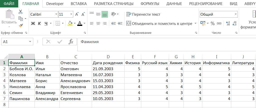 Excel spreadsheet