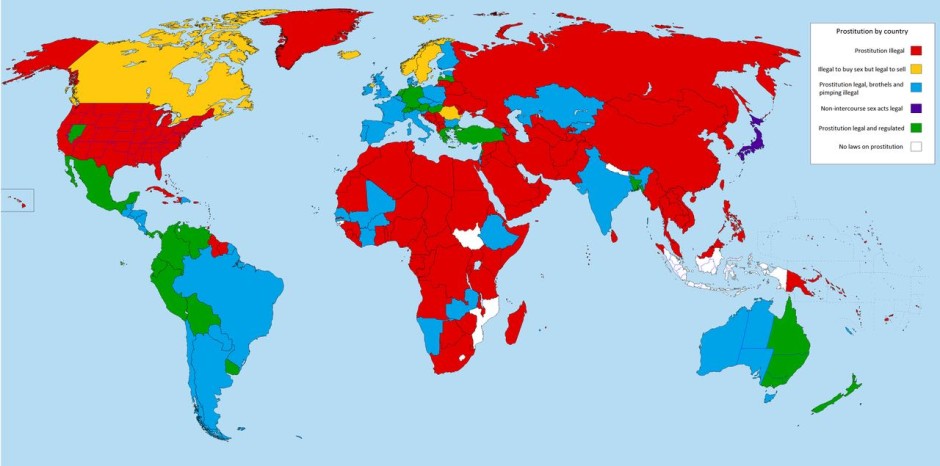 Карта мира, указывающая на отношение стран к проституции