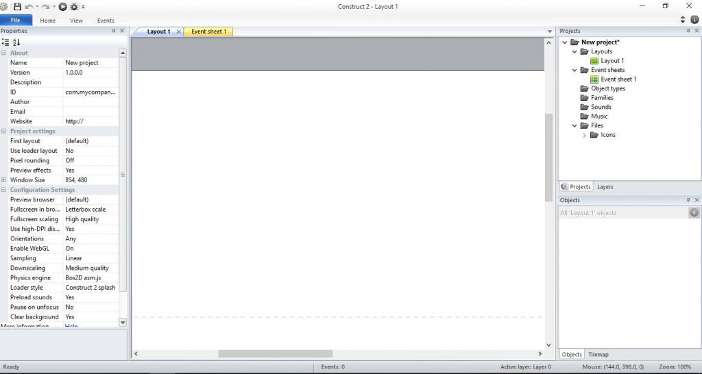 After creating a project in Construct 2