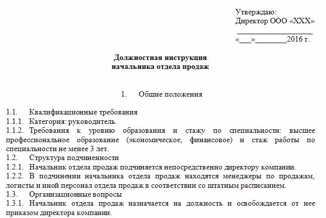 Должностная инструкция руководителя отдела продаж 2022 образец