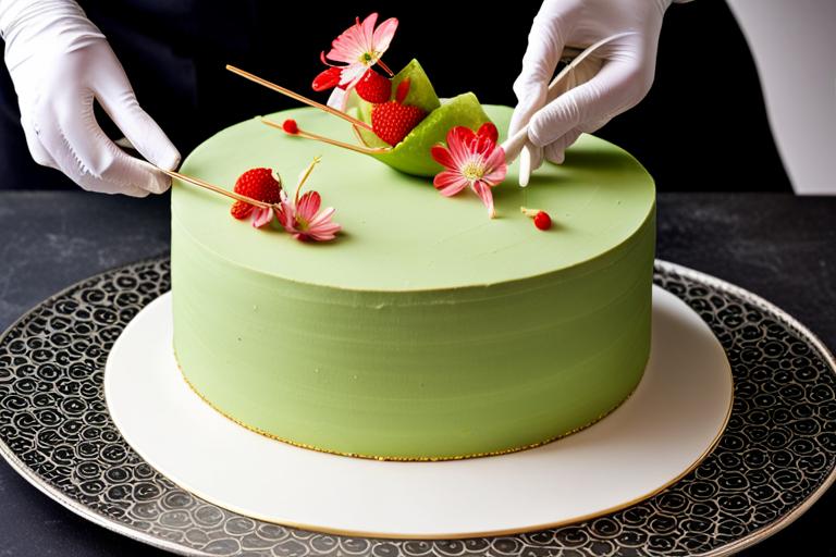 Процесс украшения торта-кимоно - обвязка цветов мастики по краям и прикрепление фруктовых лент по бокам торта. Торт покрыт светло-зеленым кремом матча.